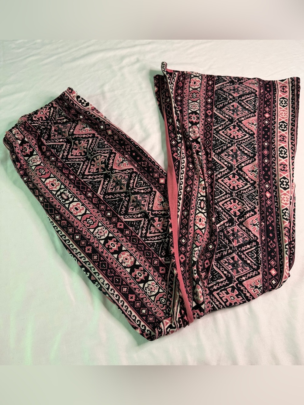Rainbow Boho Palazzo Flowy Y2K Pants Large Pink Black Tribal Print‎ Wide Leg